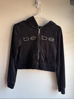 Bebe Matching Set Black Velour Rhinestone Track Suit Hoodie & Pants Y2K